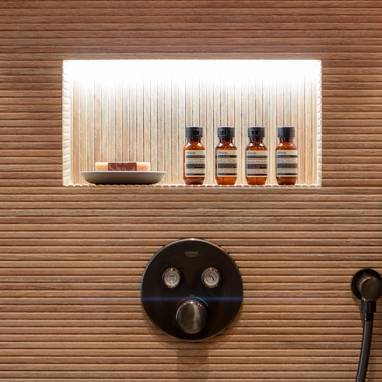 Shower controls and illuminated niche
